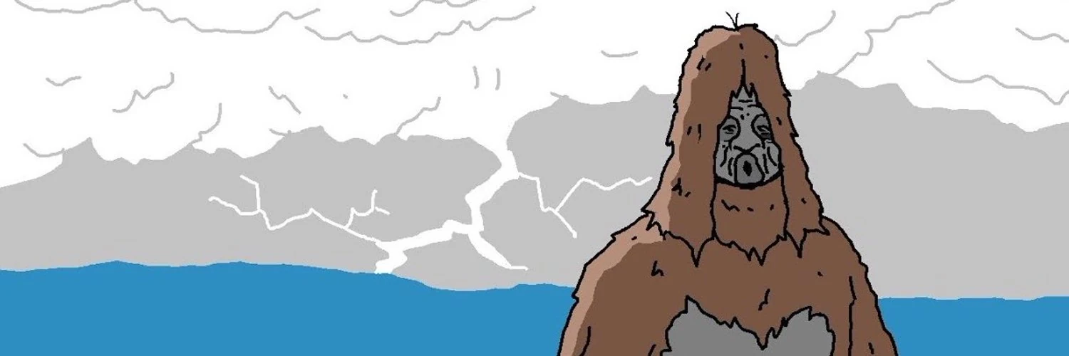 Sassy standing in front of a storm over the sea, lightning behind