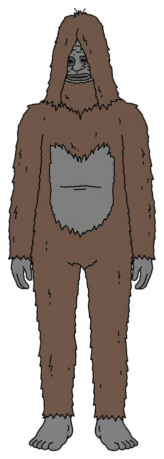 Sassy the Sasquatch standing full length: a shaggy brown sasquatch with a grey, deadpan face and a grey chest patch