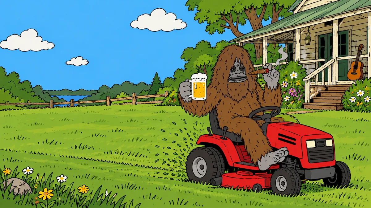 Sassy on a red ride-on mower with a beer and a cigar in front of a porch with a guitar